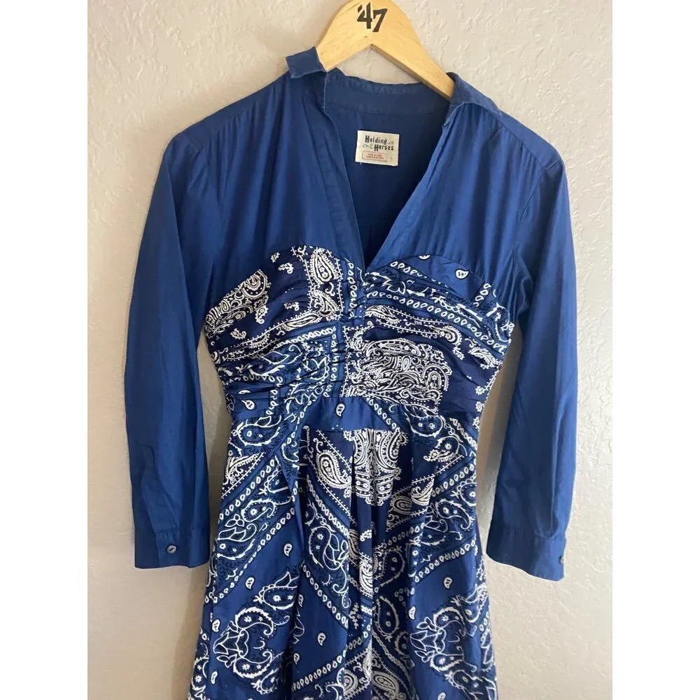 Anthropologie Holding Horses Women's Blue Flared Bandana Dress - 0 - Picture 3 of 15